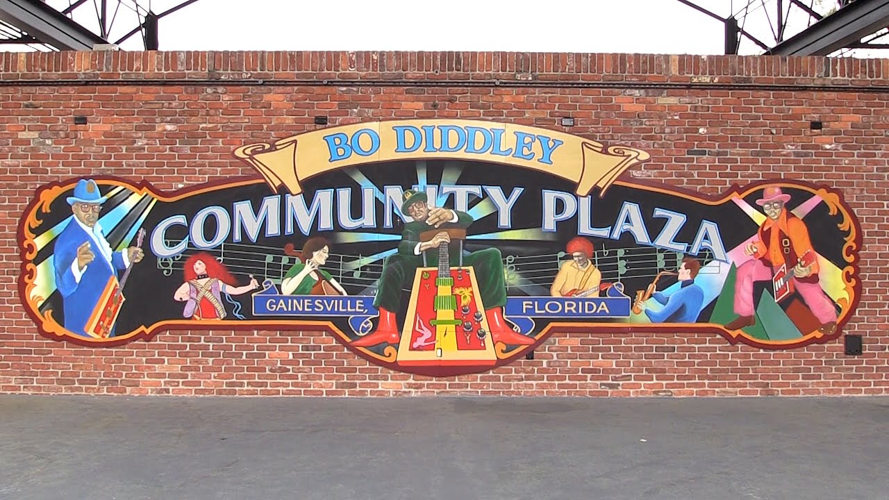 Image of a mural located in Bo Diddley Community Plaza in Gainesville, FL featuring intricate designs and vivid colors that celebrate the artistic expression of the Gainesville community.