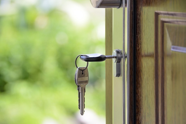 Close-up of a key inserted into a wooden door, with greenery blurred in the background, symbolizing property access and management services.